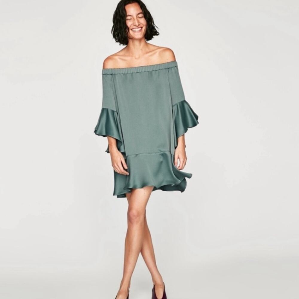 Zara Satin Dress Strapless Off Shoulder Flounce Ruffle Hem Turquoise Teal XS